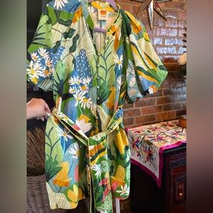 Farm Rio Belted Romper Green Multi Color Tropical 100% cotton.